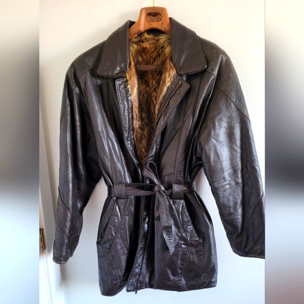 Vintage Reversible Genuine Leather  & Fur Coat- Womens XL